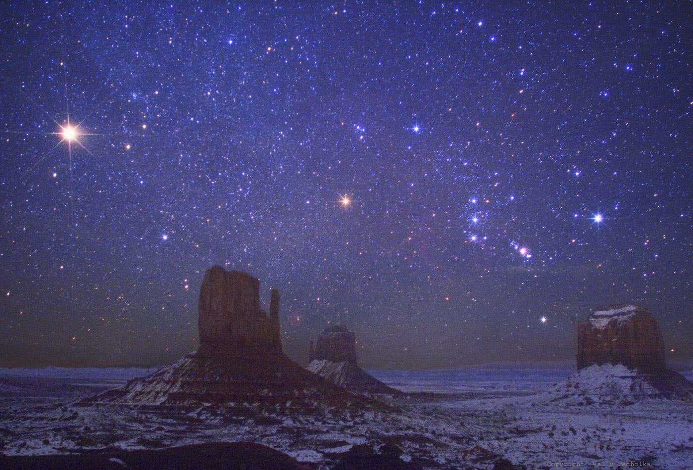 APOD: 2014 February 2 – Mars and Orion over Monument Valley