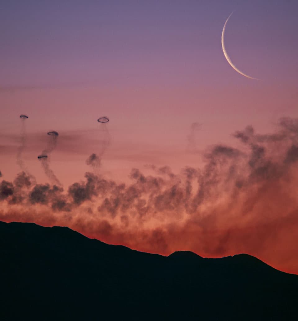 APOD: 2024 April 22 – Moon and Smoke Rings from Mt Etna