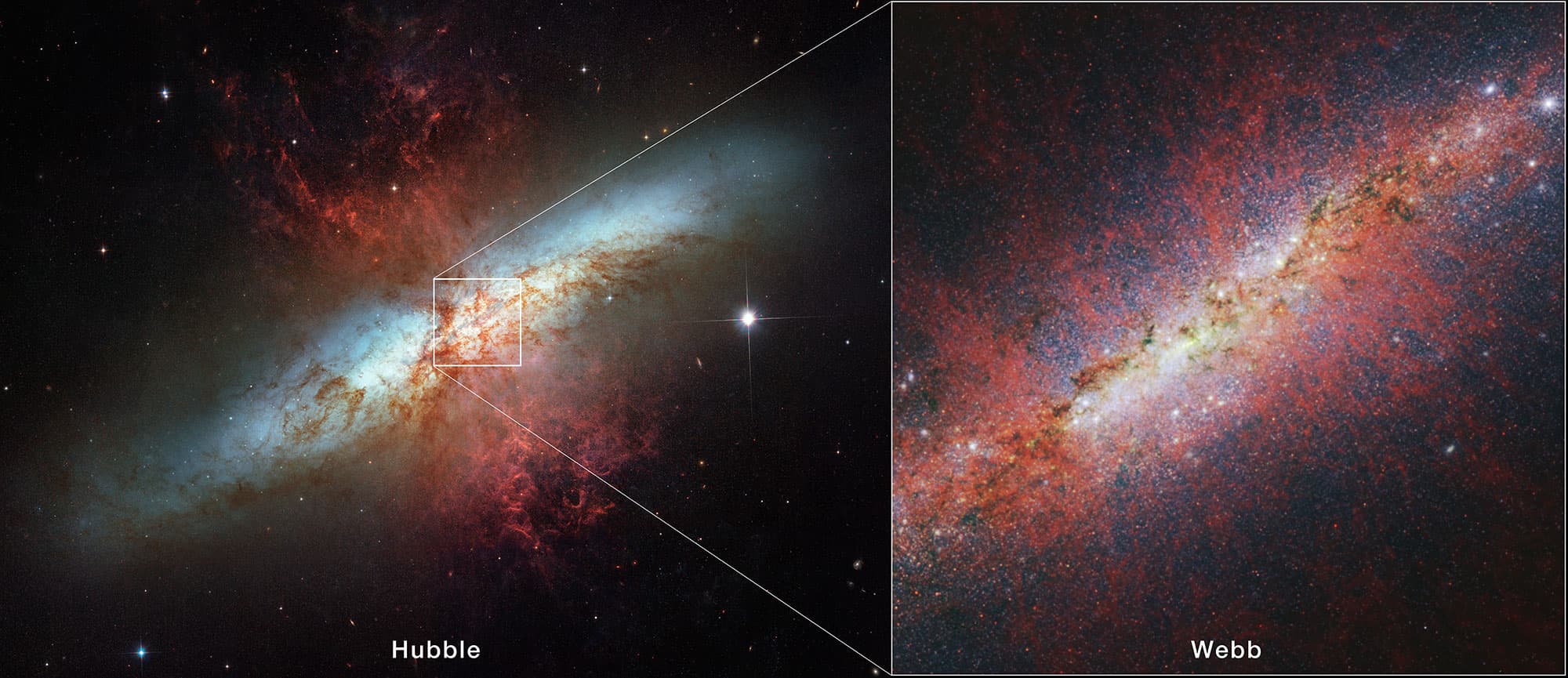 APOD: 2024 April 15 – The Cigar Galaxy from Hubble and Webb