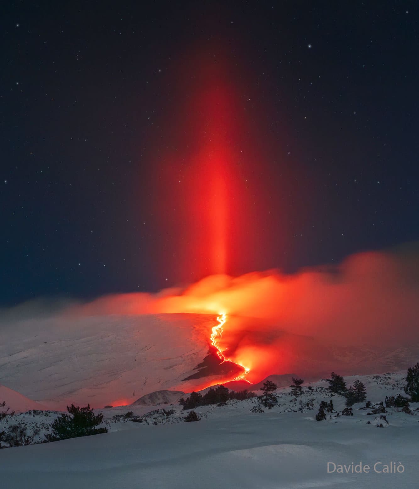 APOD: 2025 February 24 – Light Pillar over Erupting Etna