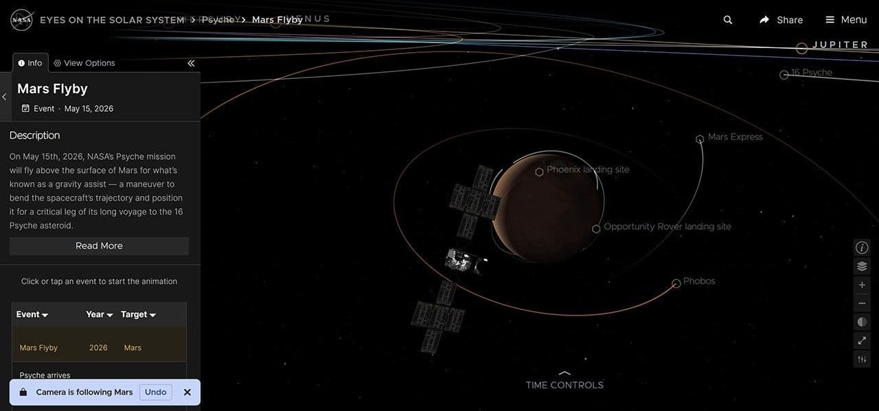 Psyche mission Mars flyby event added to Eyes on the Solar System front page.
