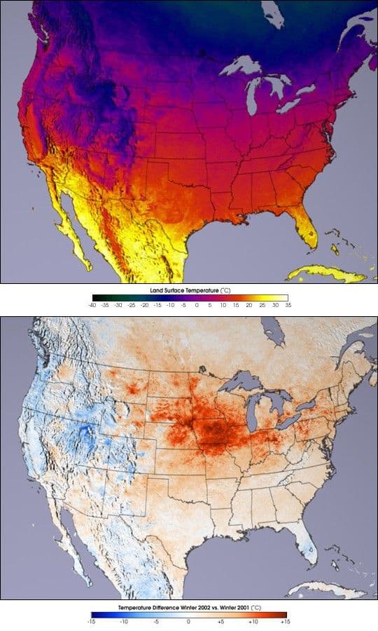 Terra Data Confirm Warm, Dry U.S. Winter