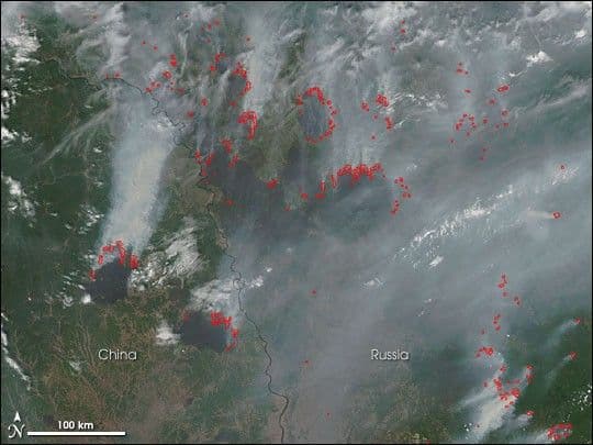 Fires in Russia and China near the Amur River