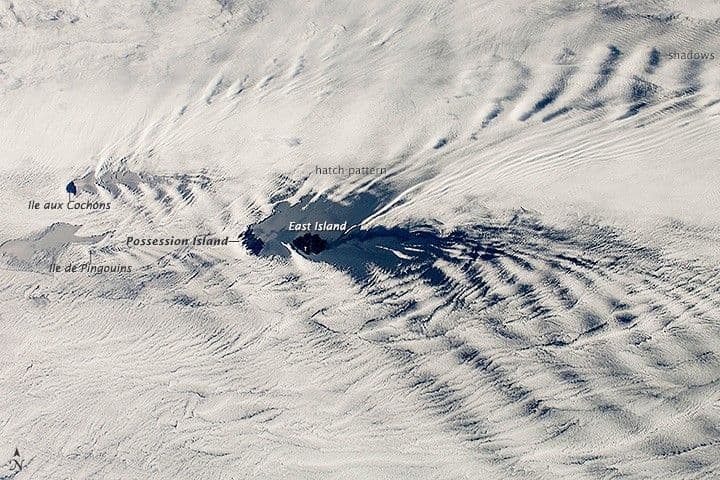 Possession Island, East Island, and cloud patterns