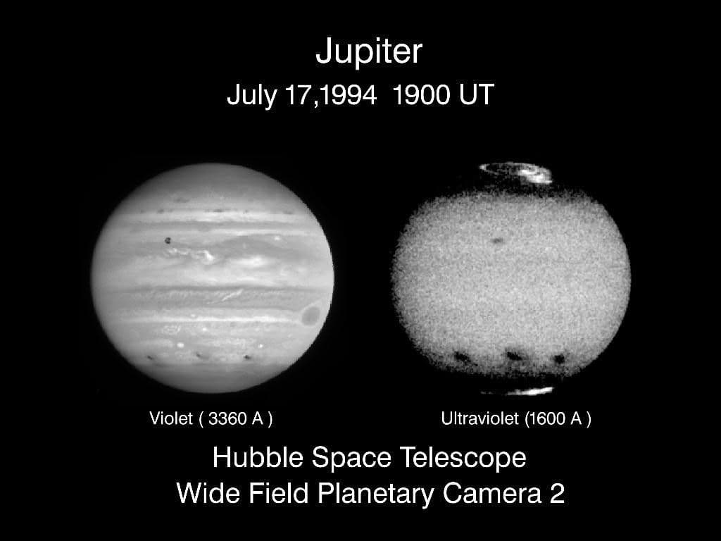 Jupiter’s Comet Collision Sites As Seen in Visible and Ultraviolet Light