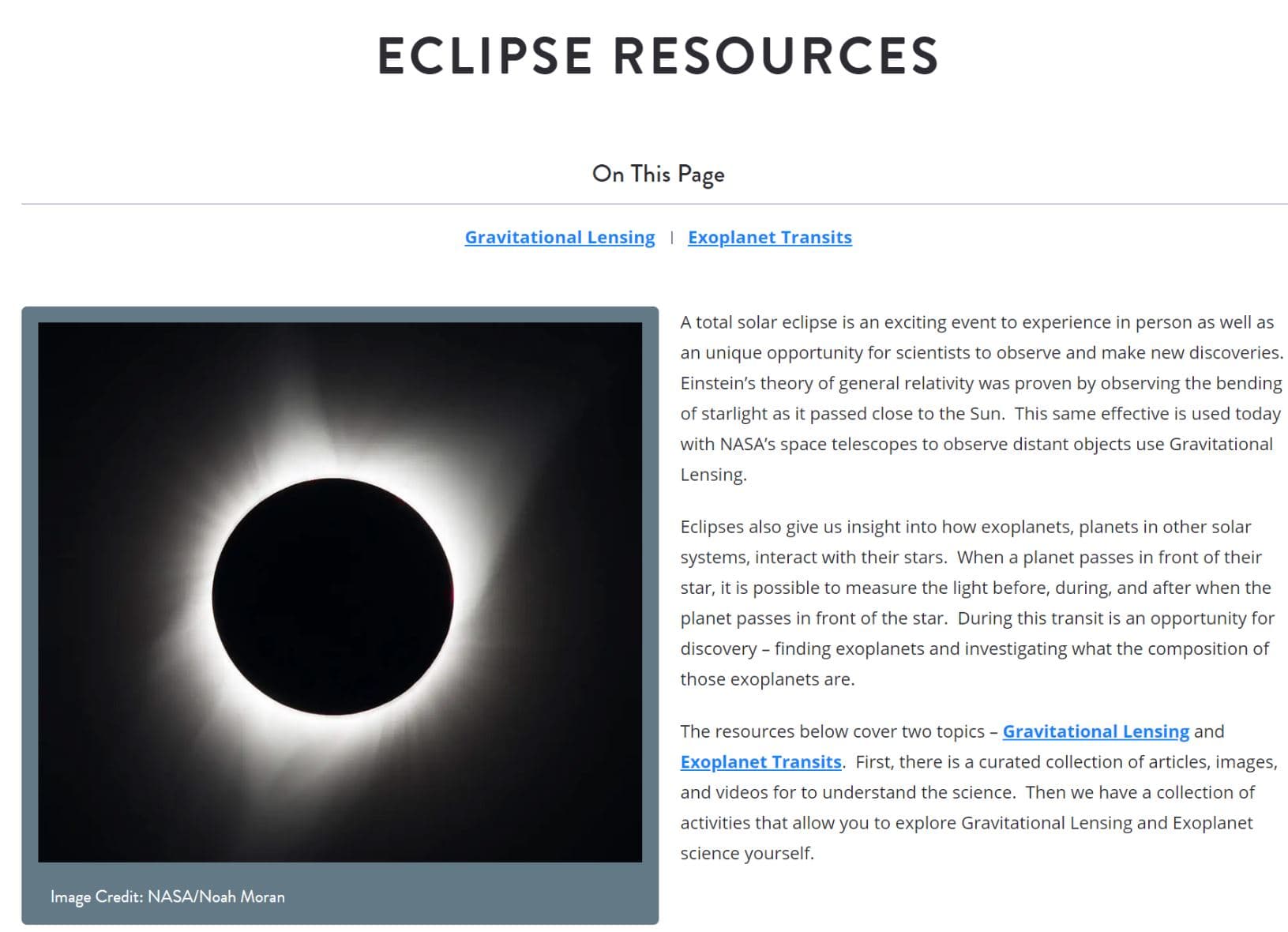 Eclipse Resources for Learners and Educators: Connecting the Eclipse to Astrophysics